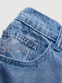 SHEIN PETITE CURVE 大码五角星贴片斜插口袋休闲阔腿牛仔裤 - 淺色水洗藍 - 查看 4