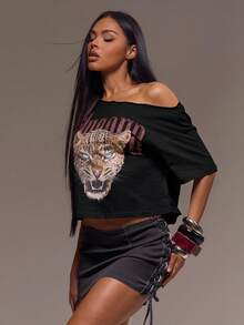 MUSERA 肩部印花豹纹超大短款T恤，酷女孩必备，适合外出、性感、豹纹印花，女装，圣诞节、优雅假日、派对、春夏复活节等场合。 - 黑色 - 查看 5