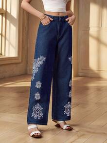 Selenza 女士花卉刺绣阔腿宽松休闲牛仔裤 - 藍色 - 查看 5