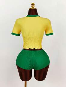 Amplova 2pcs/Set Women's Crop Top And Skinny Shorts, Waist Cinched T-Shirt With Super Low-Rise Y2K Vintage Shorts, Suitable For Sports And Casual Wear, Brazilian Pattern Women's Shorts Sets Y2k Women Two Pieces Outfits Two Pieces Set Women Short Sleeve Football Outfit Women Jamaica Outfits Set Summer - Multicolor - View 2