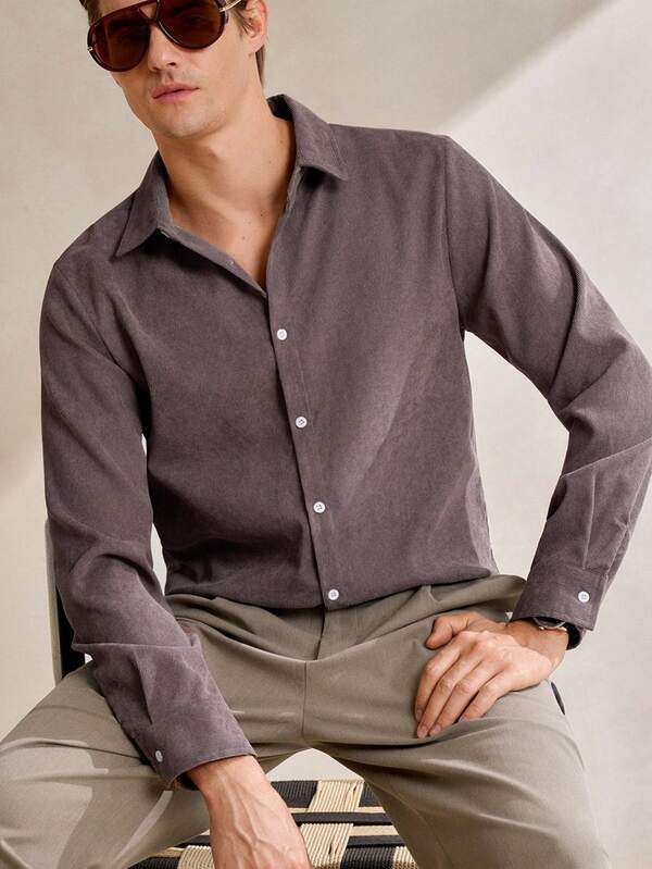 Manfinity CityGents 男士休闲纯色纽扣长袖衬衫，秋季商务休闲衬衫，男士纹理衬衫，商务休闲上衣