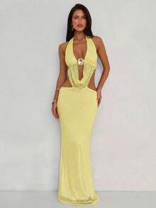 Aloruh 女士度假深V领海星纯色纹理露背高开衩连衣裙 - 黃色 - 查看 5