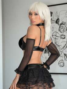 7pcs Women Sexy Lace PU Leather Pleated Ruffle Lingerie Set With Arm Sleeves And Fishnet Stockings - Black - View 7