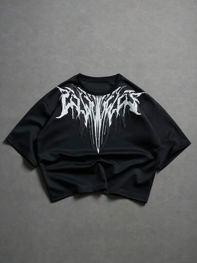 PAVTROS 男士街头风深色印花圆领短袖T恤，男士黑白泡沫印花深色翅膀结构展开图案T恤，情人节，春夏，送男友的礼物，狂欢节，复古，街头服饰，派对，圣帕特里克节，外出