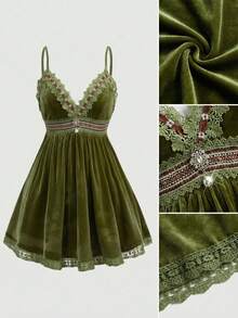 ROMWE Hippie Đầm slip cỡ lớn dành cho nữ, chất liệu nhung Pháp, viền ren. - màu xanh lá - Xem 1