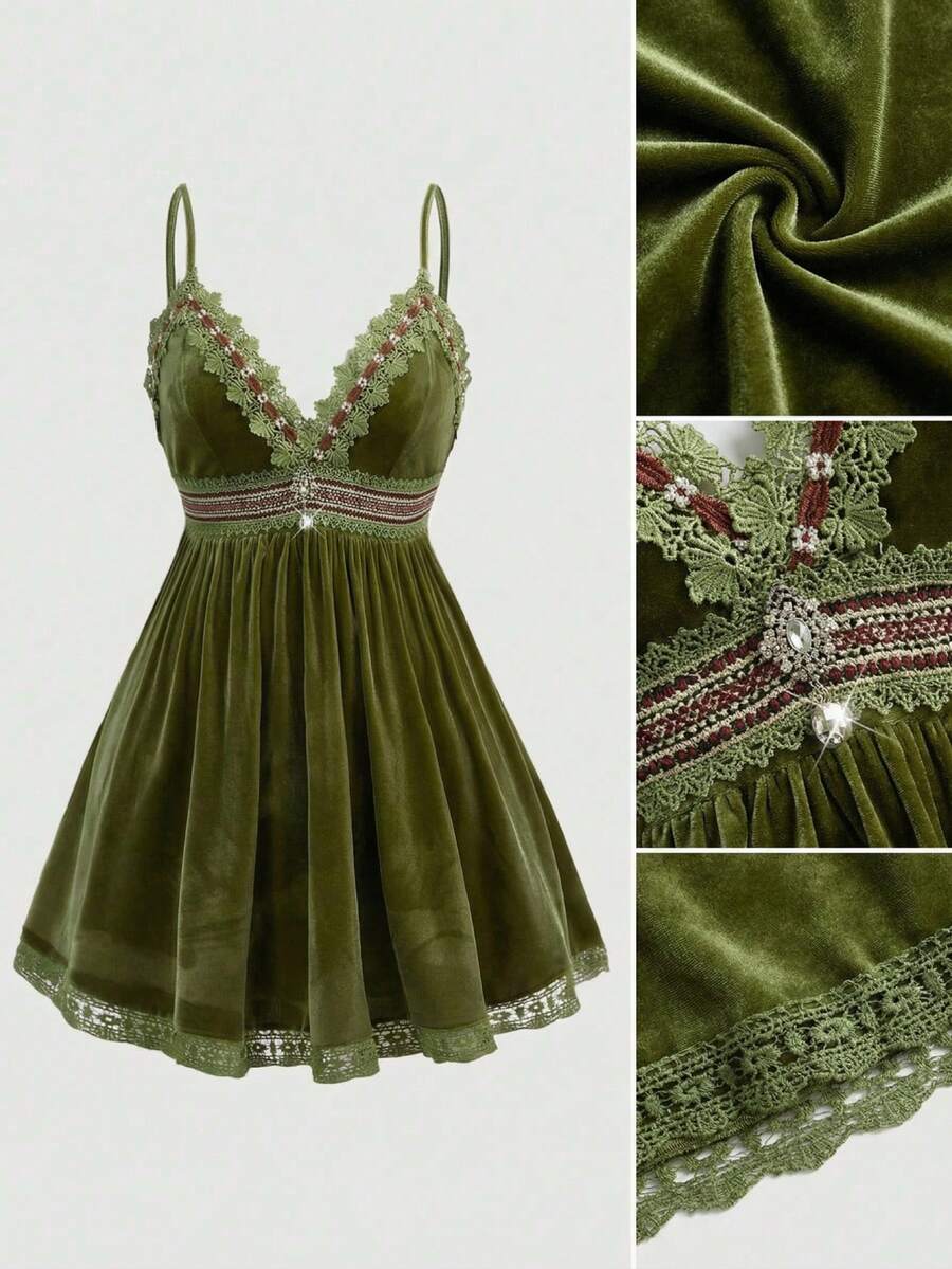 ROMWE Hippie Đầm slip cỡ lớn dành cho nữ, chất liệu nhung Pháp, viền ren. - màu xanh lá - Xem 1