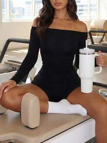 SHEIN BASICS Women's Casual Sports Yoga Fitness Tight Fitting Black Off-Shoulder Long Sleeve Compression T-Shirt - Black - View 6