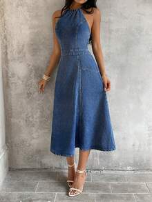 Sunnyshic 时尚优雅的露背系带拼接水洗牛仔连衣裙 - 深色水洗藍 - 查看 3