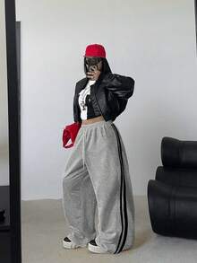 POPSWAY Plus Size Lazy Sports Style Yellow Striped Sweatpants For Women, High Waist Drawstring Loose Wide Leg Pants, Autumn 2025 - Light Grey - View 5
