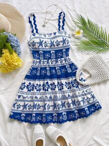 Soleia Tropical Shell Print White Blue,Summer,Casual,Tropical,Vacation,Holiday New Wave Strap Mini Dress,Boho Floral Spring Outfit Women,Weddings - Multicolor - View 6