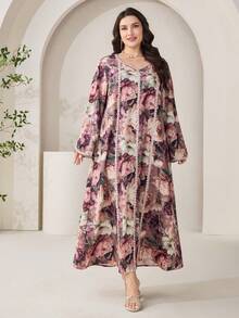 Al Najma Vestido longo árabe tradicional folgado com estampa floral para mulheres plus size - Multicolorido - Ver 3