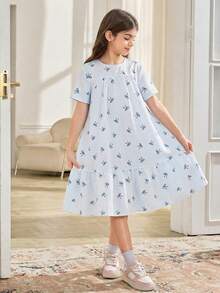 SHEIN Tween Girl Bow Striped Round Neck Loose A-Line Casual Short Sleeve Dress - Baby Blue - View 3