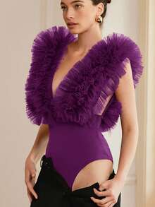 Aveloria Rosie Bộ đồ liền thân không tay cổ chữ V sâu, chất liệu lưới, họa tiết hoa 3D, thanh lịch và gợi cảm dành cho nữ. - Màu tím - Xem 5