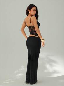 SHEIN PETITE 夏季海滩度假纯色黑色蕾丝性感透视吊带长裙，适合日常约会、夜间外出、夜店、派对、聚会、鸡尾酒会、泳池派对、返校季服装、开学季连衣裙、节日连衣裙、女士连衣裙、女士纯色性感无袖连衣裙、白色连衣裙、度假连衣裙、女士派对连衣裙、圣诞派对连衣裙 - 黑色 - 查看 2