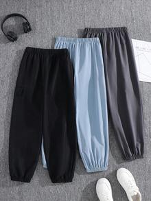 SHEIN 3件套儿童/青少年男童休闲运动口袋宽松抽绳纯色工装裤，适合通勤、上学、日常休闲、旅行、运动，春、夏、秋、冬皆宜。 - 彩色 - 查看 2