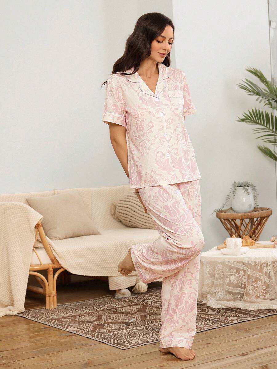 Serenescape Women's Casual Totem & Floral Print Lapel Short Sleeve Pajama Set - Multicolor - View 1