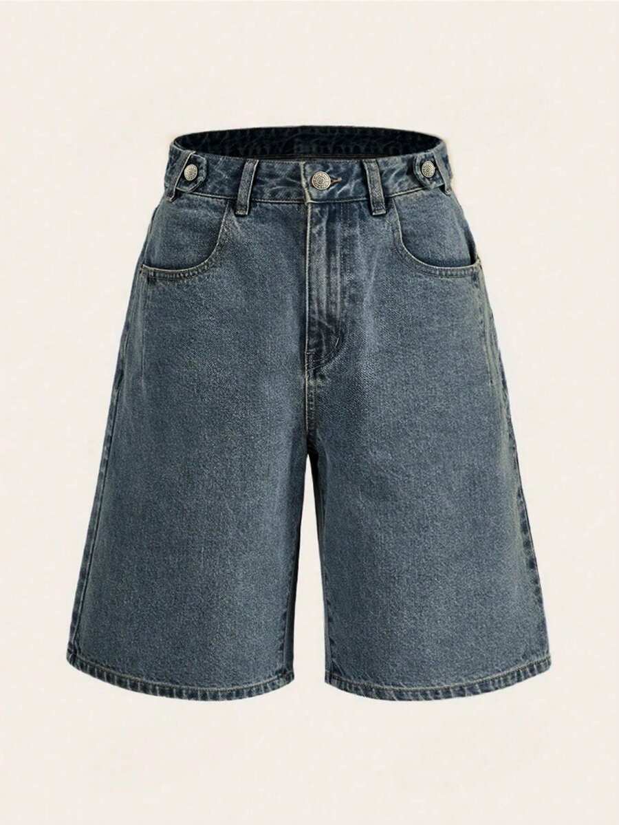 SHEIN EZwear 女士宽松休闲百搭百慕大牛仔短裤，带口袋 - 藍色 - 查看 1