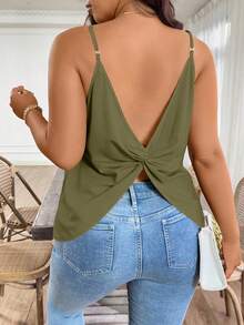 SHEIN Clasi 大码女式休闲度假风纯色扭结露背吊带背心 - 軍綠色 - 查看 1