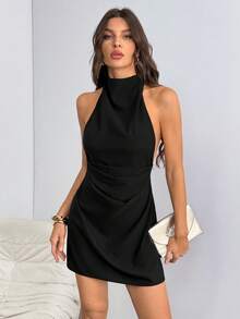 SHEIN Tall 极简露背系带褶皱迷你连衣裙（女款） - 黑色 - 查看 3