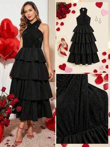 Ellevyn Đầm nữ màu trơn bóng, kiểu dáng thời trang, thanh lịch, cổ yếm, thích hợp cho mùa xuân hè, che khuyết điểm vòng bụng, thích hợp cho ngày Valentine, lễ hội, đầm đính đá, đầm sinh nhật, đầm dạ hội. - màu đen - Xem 2