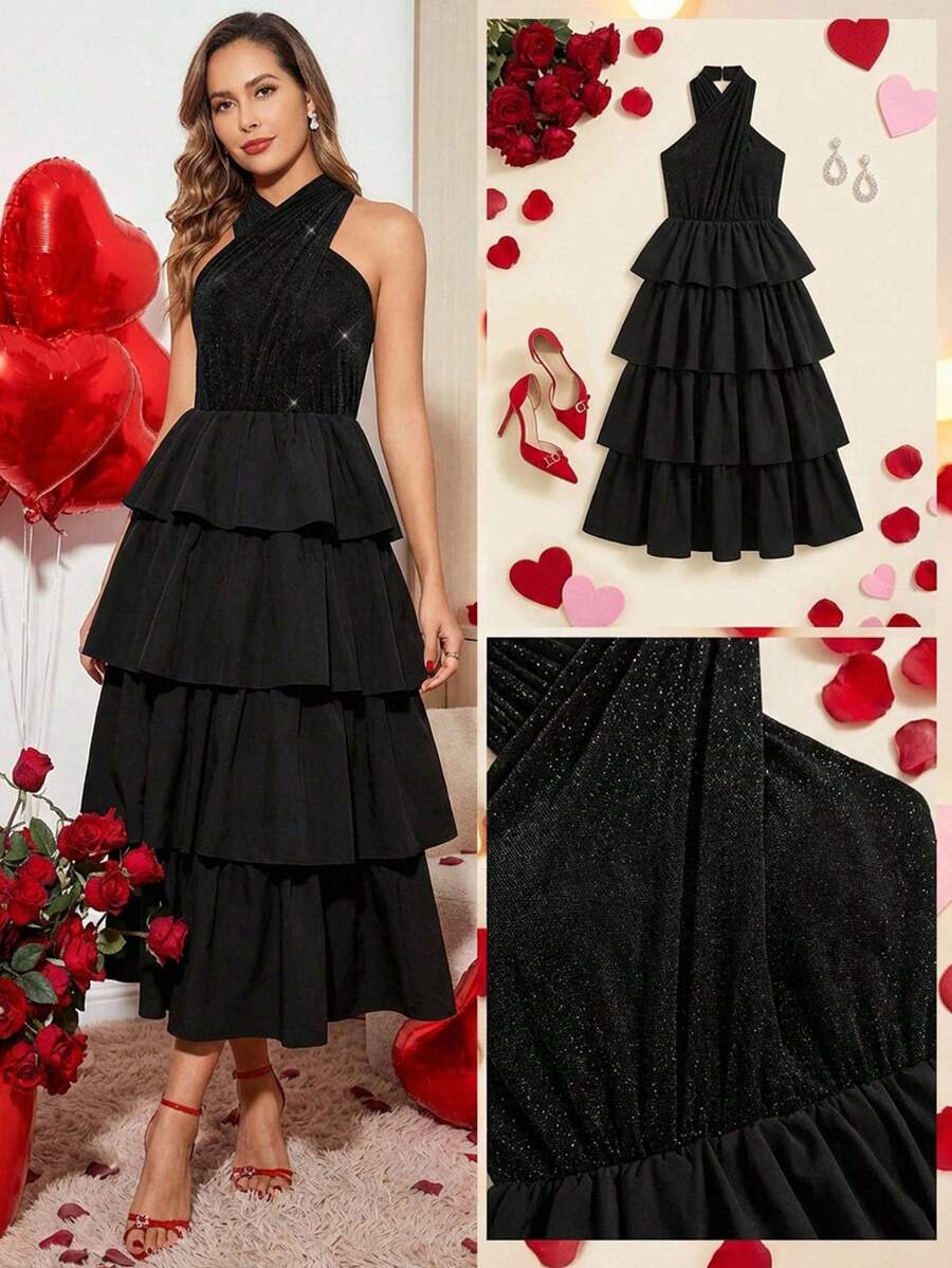 Ellevyn Đầm nữ màu trơn bóng, kiểu dáng thời trang, thanh lịch, cổ yếm, thích hợp cho mùa xuân hè, che khuyết điểm vòng bụng, thích hợp cho ngày Valentine, lễ hội, đầm đính đá, đầm sinh nhật, đầm dạ hội.