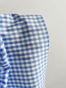 Elamini Women's Simple Blue Plaid Puff Sleeve Ruffle Trim Crop Top, Summer - Blue - View 5