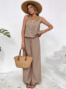 SHEIN Frenchy 女士纯色V领背心和打结裤休闲两件套 - 卡其色 - 查看 6