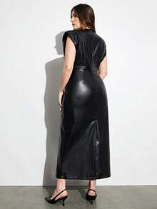 Aveloria Modichic Elegant Sexy Solid Color Hollow Metal Buckle Decor Waist Exaggerated Shoulder Plus Size Women Long Dress - Black - View 2