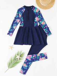 SHEIN Tween Girls Tankini 2-Piece Swimwear Set, Floral Print Sleeveless Crop Top With Black Skirt Bottom And Printed Leggings - Navy Blue - View 1