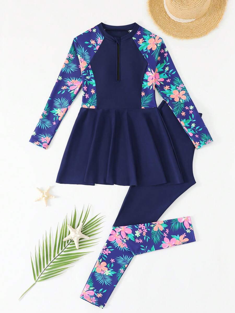 SHEIN Tween Girls Tankini 2-Piece Swimwear Set, Floral Print Sleeveless Crop Top With Black Skirt Bottom And Printed Leggings - Navy Blue - View 1