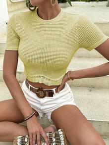 Breezaya Crew Neck Short Sleeve Textured Fabric Wavy Hem Tapered Women T-Shirt - Light Yellow - View 5