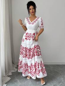 Elenzga Women's New Fashionable And Elegant Red & White Placement Print V-Neck Short Sleeve A-Line Elastic Waist Design Tassel Belt Maxi Dress, Suitable For Commuting, New Year, Streetwear, French Romantic, Casual, Middle Eastern Retro, Afternoon Tea, Party, Thanksgiving, Back To School, Spring/Summer - Red and White - View 4
