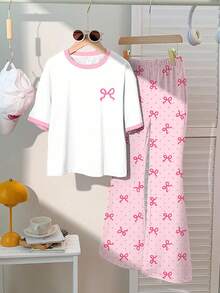 SHEIN Leap Crew 2pcs Tween Girls' Casual Sweet Pink Polka Dot Bow Print Short Sleeve Top And Pants Set, Suitable For Summer Family Outing, Easy Comfort, Casual Wear - Multicolor - View 3