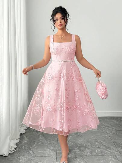 Elenzga Women's Romantic Elegant Sleeveless Square Neck Floral Embroidery Dress