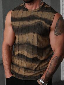 Manfinity Homme 男士街头风做旧纹理渐变提花圆领无袖时尚背心 男士无袖上衣 男士肌肉衫 - 棕色 - 查看 5