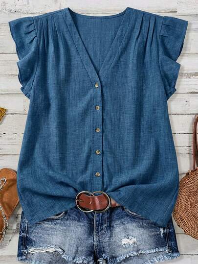 SHEIN Clasi Plus Size Women V-Neck Button Design Cap Sleeve Blouse