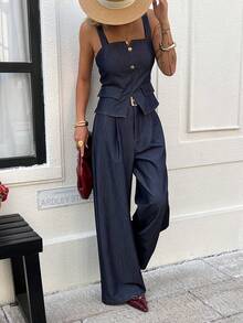 Livesso 2 Stücke Damen Lässig Trägerhemd und weite Hose Set, Sommer Loungewear Set für Damen - Blau - Übersicht 5
