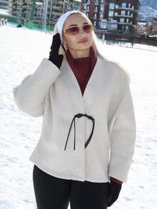 salliqueen Women's Elegant Minimalist Commuting Daily New Fashion V-Neck Contrast Color Button Batwing Sleeve Silhouette Khaki Overcoat, Fall Winter Clothes For Women Women's Winter Coat Women's Winter Jacket - Khaki - View 1