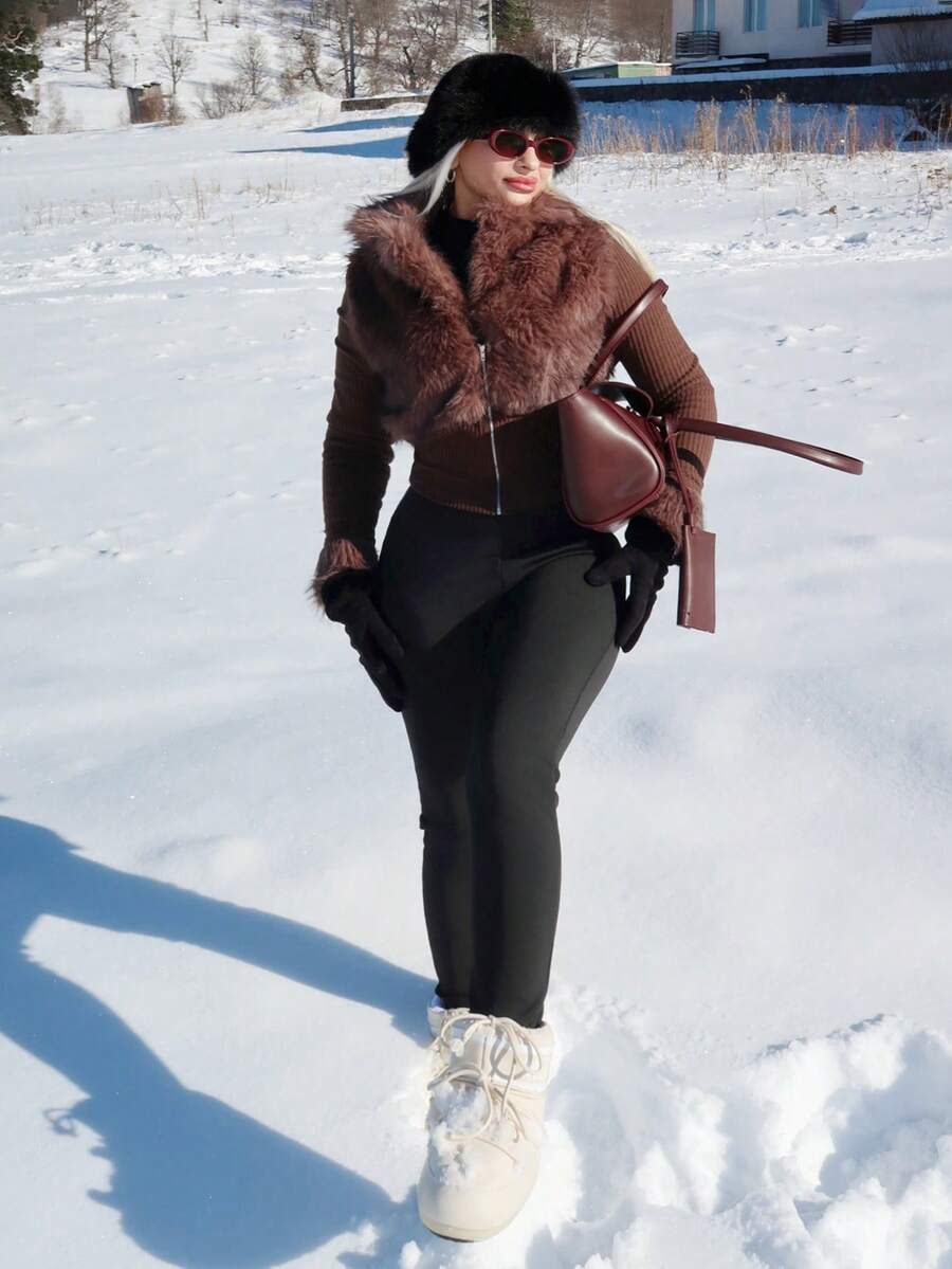 salliqueen Fashionable Street Style Faux Fur Zipper Long Sleeve Jacket For Women,Fall Clothes - Brown - View 1