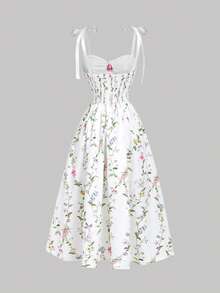 SHEIN MOD 女士印花系带露肩优雅中长连衣裙，适合度假 - 彩色 - 查看 4