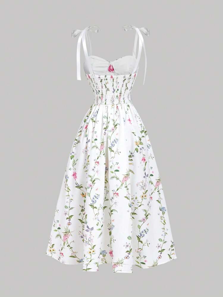 SHEIN MOD Vestido midi elegante con estampado floral y hombros con lazo, adecuado para vacaciones - Multicolor - Añade 4