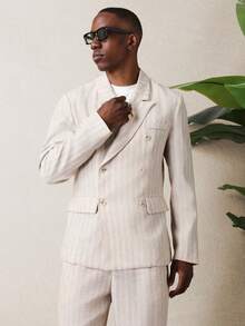 SUMWON Men's Light Beige Linen Feel Double Breasted Blazer With Matching Straight Leg Suit Pants Two Piece Formal Business Wedding Summer Set - Beige - View 4