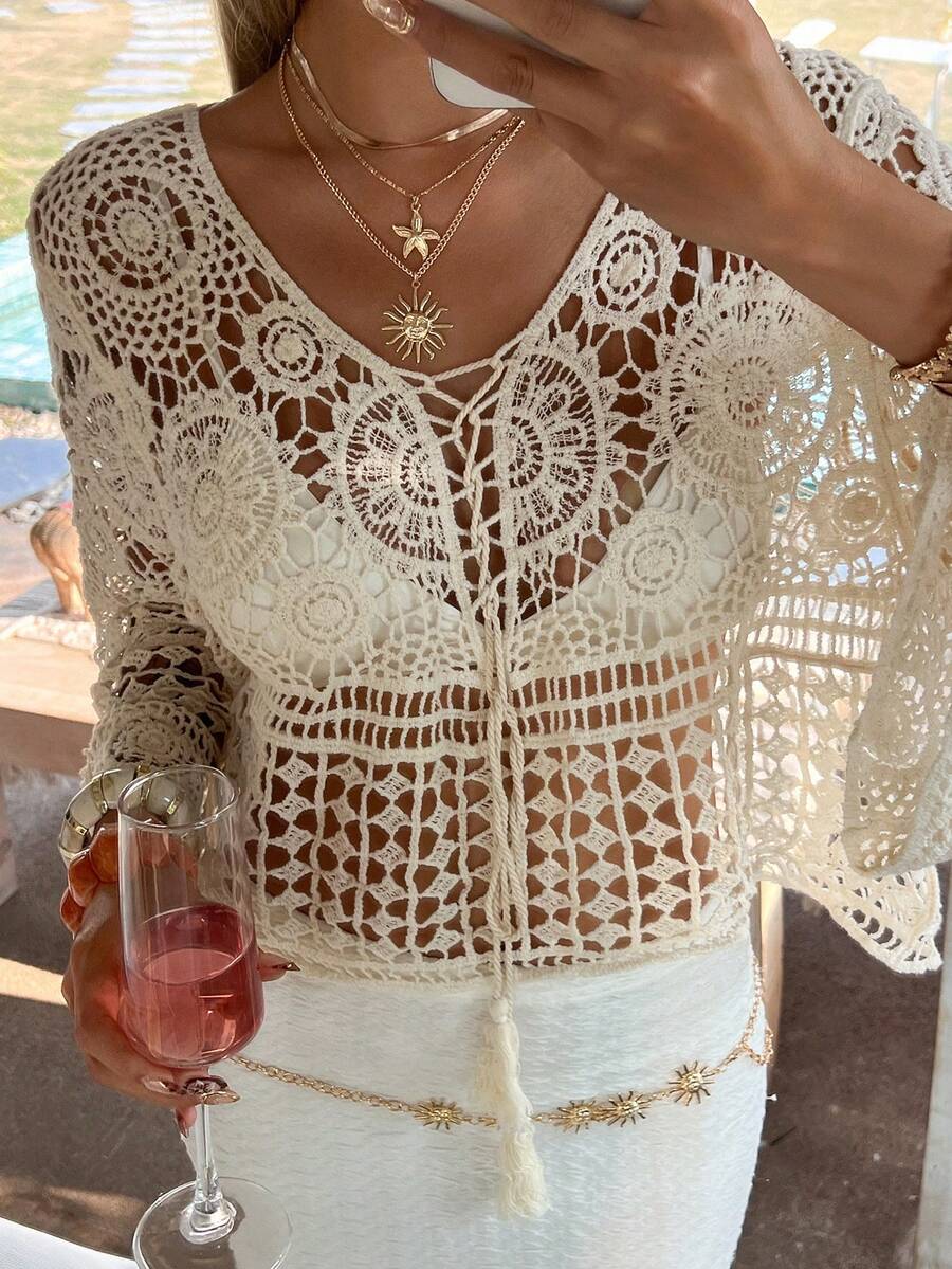 DAZY 女士钩针镂空波西米亚风罩衫，夏季度假必备 - 米色 - 查看 1