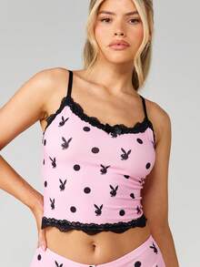 Missguided x Playboy 波点吊带背心和三角裤套装，黑色蕾丝边装饰，适合睡衣和亲密场合穿着 - 彩色 - 查看 5