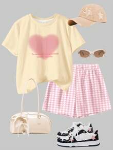 SHEIN Cream Cake Color, Cream Yellow & Cream Pink Houndstooth, Sweet Girl Gradient Heart Print, Young Girl Casual Minimalist Heart Graphic Short Sleeve Crew Neck Top And Shorts 2 Piece Set, Suitable For Spring/Summer Casual & Loungewear - Multicolor - View 3