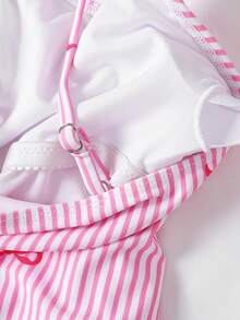 SHEIN Tween Girls' Casual Vacation Beach Butterfly & Striped Print Ruffled Camisole Romper With Mesh Skirt Set, Pink Pink Bow Bathing Suit Girls Beach Set Girls Summer Vacation Sets Swimsuits Pink - Pink - View 5