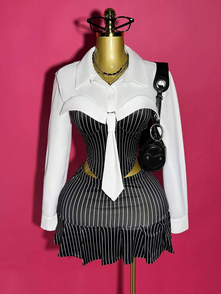 Mistrie 女士休闲撞色条纹学院风衬衫 - 彩色 - 查看 1