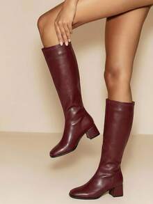 Daringsoles Women's Fashion Versatile Simple Chunky Heel Mid-Calf Boots For Christmas Valentine's Day - Burgundy - View 7