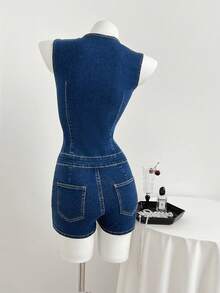 Elamini 女士纯色打结圆领镂空修身无袖牛仔连体衣 - 藍色 - 查看 2
