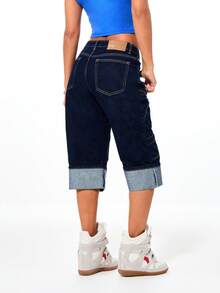 BABYPHAT 女士高腰阔腿拼接牛仔七分裤，饰有刺绣图案，裤脚卷边，适合夏季休闲穿着 - 藍色 - 查看 2